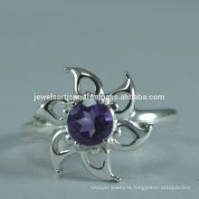 Púrpura amatista piedras preciosas y plata de ley de diseño floral anillo de boda y compromiso joyería